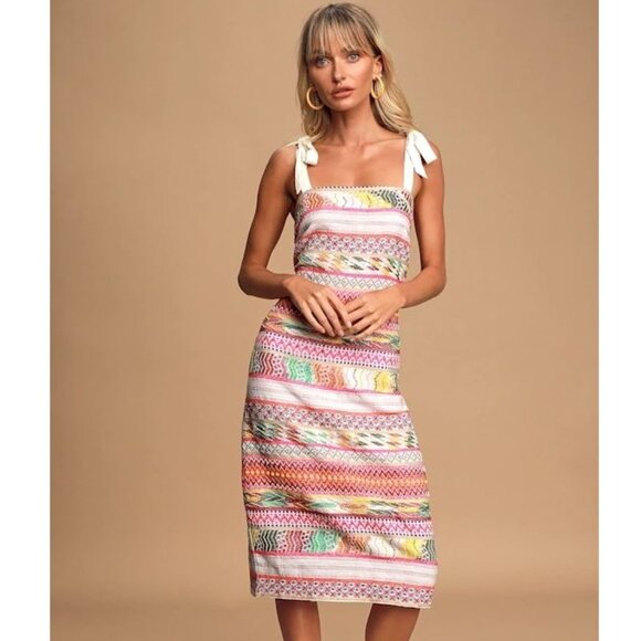Lulus Dresses & Skirts - Lulus NWT Tropical Dream Cream Multi Embroidered Tie-Strap Midi Dress size Small